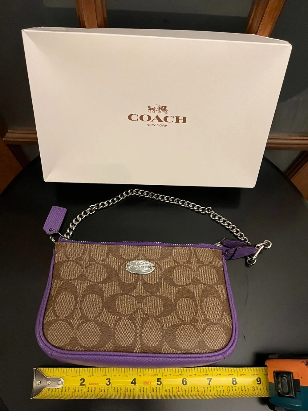 Coach Brown Signature Canvas Wristlet with Purple Trim